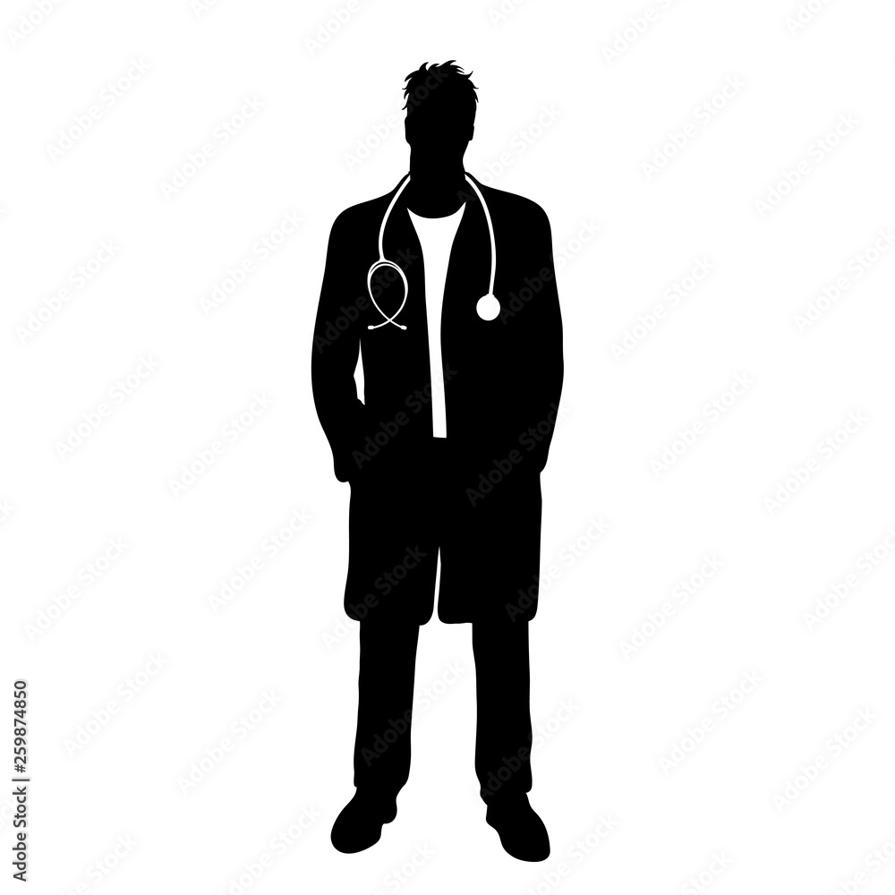 Vector silhouette of doctor with coat and stethoscope on white background. Symbol of healthy and hospital. Vector silhouette of doctor with coat and stethoscope on white background. Symbol of healthy and hospital.