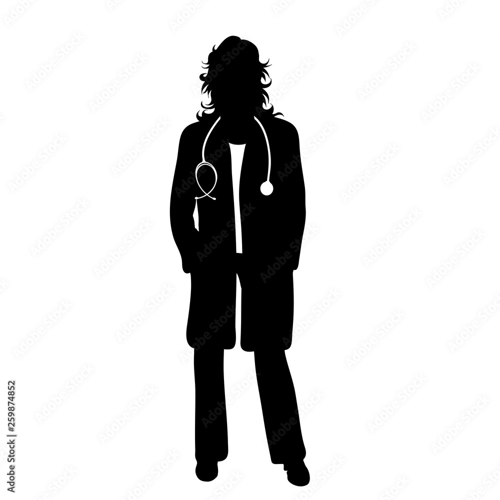Vector silhouette of doctor with coat and stethoscope on white background. Symbol of healthy and hospital. Vector silhouette of doctor with coat and stethoscope on white background. Symbol of healthy and hospital.