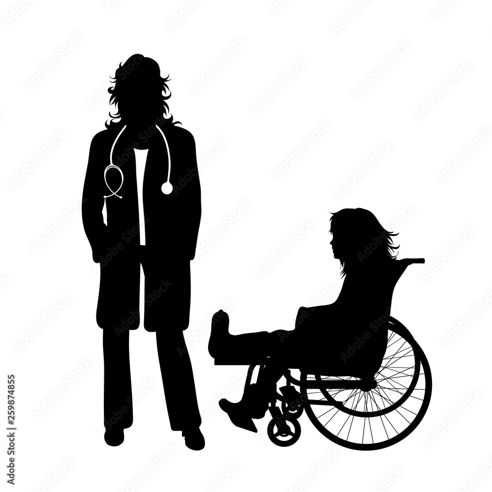 Vector silhouette of pediatrician doctor with child´s patient on white background. Symbol of healthy and hospital. Child sit on the wheelchair. Vector silhouette of pediatrician doctor with child´s patient on white background. Symbol of healthy and hospital. Child sit on the wheelchair.