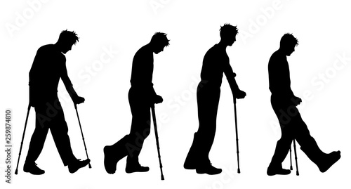 Vector silhouette of man who walking with crutches on white background. Symbol of injury.