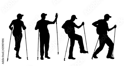 Vector silhouette of man who sport with nordic walking on white background.