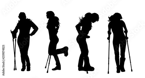 Vector silhouette of woman who walking with crutches on white background. Symbol of injury.