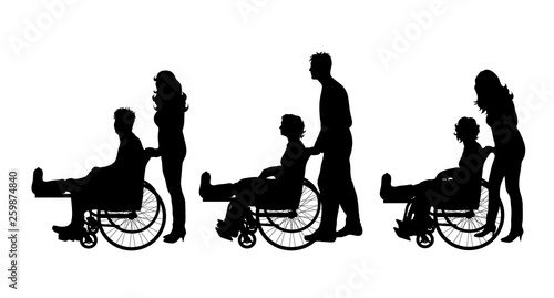 Vector silhouette of set of people who sit on wheelchair with gypsun on her leg on white background. Symbol of injury.