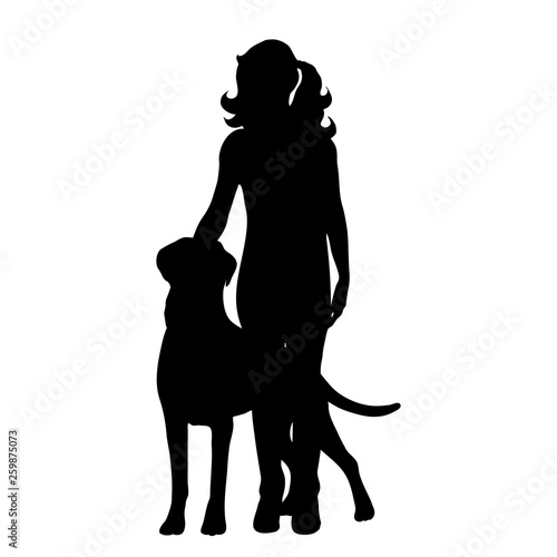 Vector silhouette of woman with dog on white background. Symbol of friendship.