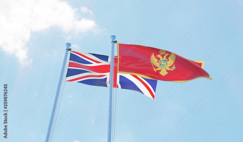 UK and Montenegro, two flags waving against blue sky. 3d image UK and Montenegro, two flags waving against blue sky. 3d image