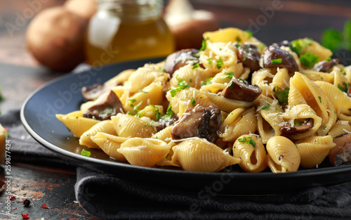 Carbonara mushrooms pasta Conchiglie with creamy sauce, parmesan cheese and herbs
