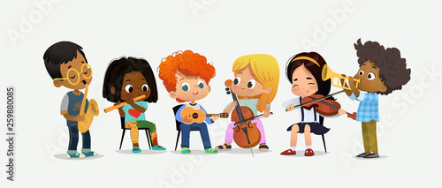 Children Orchestra Kids Play Various Music Instrument