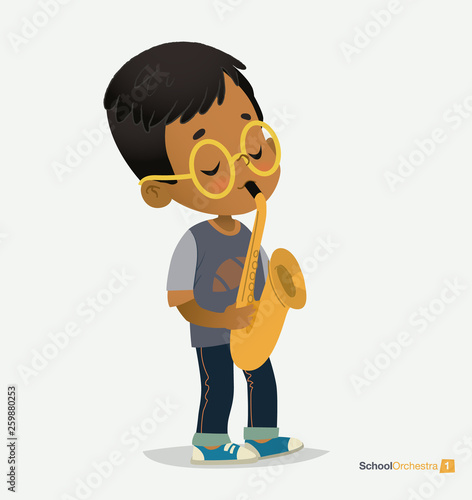 Afro American Boy Bespectacled Play on Saxophone