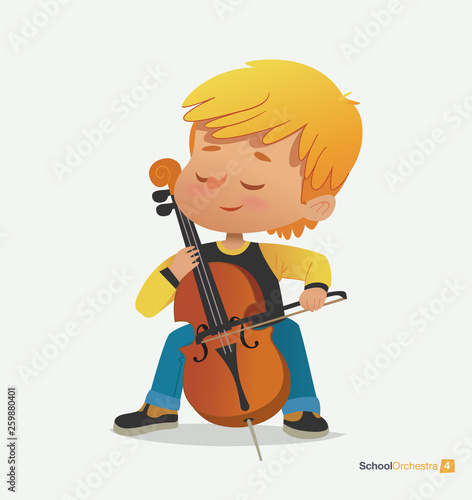 Blond Boy Sit on Chair Play Contrabass with Joy