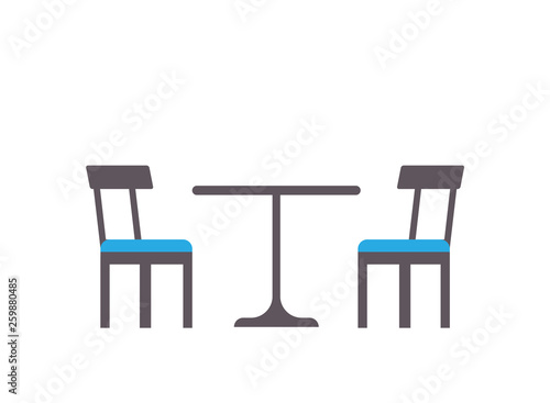 Empty table with soft chairs, cafe furniture. Daily view of dinner place, board with colorful seats isolated on white, flat view of restaurant furnishings vector