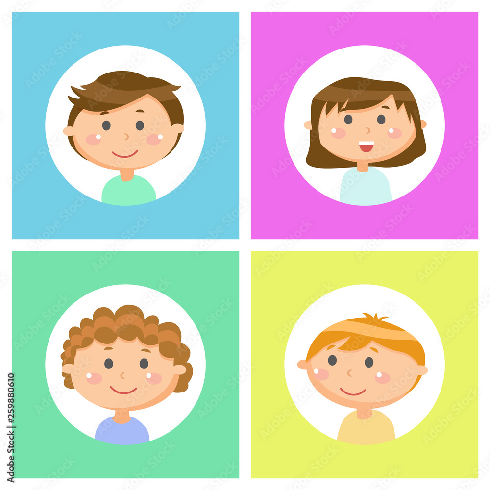 Kids emotions, portrait glossy view of children on bright colors. Head of smiling teenagers, kids set of boys and girls in round icons, young people vector Kids emotions, portrait glossy view of children on bright colors. Head of smiling teenagers, kids set of boys and girls in round icons, young people vector