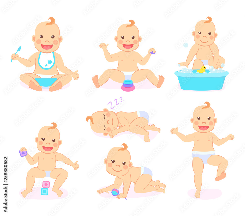 Small kid vector, funny child wearing bib and eating food from bowl, baby playing cubes and sleeping, container with water and bubbles duck rubber toy Small kid vector, funny child wearing bib and eating food from bowl, baby playing cubes and sleeping, container with water and bubbles duck rubber toy