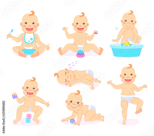 Small kid vector, funny child wearing bib and eating food from bowl, baby playing cubes and sleeping, container with water and bubbles duck rubber toy