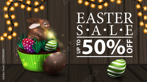 Easter sale, modern horizontal discount banner with wood texture, garland and Easter cake