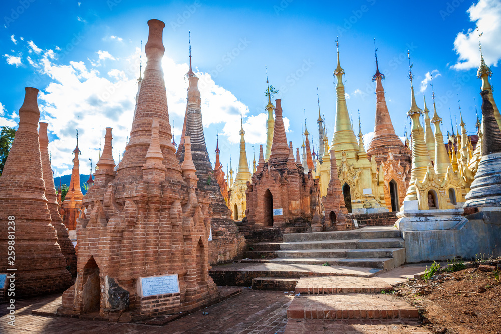 Golden Stupas at Shwe Indein Pagoda in the village of Indein, near Ywama, Inle Lake, Myanmar Golden Stupas at Shwe Indein Pagoda in the village of Indein, near Ywama, Inle Lake, Myanmar