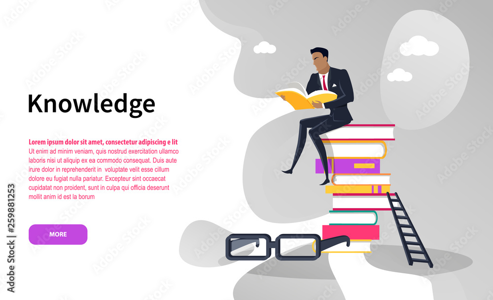 Knowledge online web page businessman with book vector. Pile of books and ladder, eyesight glasses, qualification improvement, professional education Knowledge online web page businessman with book vector. Pile of books and ladder, eyesight glasses, qualification improvement, professional education