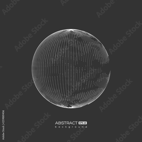 Abstract globe sphere with destroyed effect. 3d technology digital style. Dark background. Futuristic vector illustration.