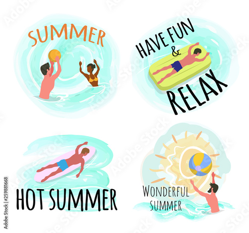 People having fun by seaside vector, people playing waterpolo with inflatable ball. Male laying on mattress, man on surfing board practicing sports