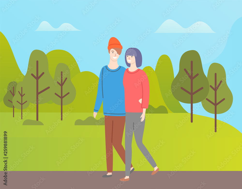 Man and woman walking vector couple in green spring forest. Girlfriend and boyfriend spend time together, people in love dating outdoors among trees Man and woman walking vector couple in green spring forest. Girlfriend and boyfriend spend time together, people in love dating outdoors among trees