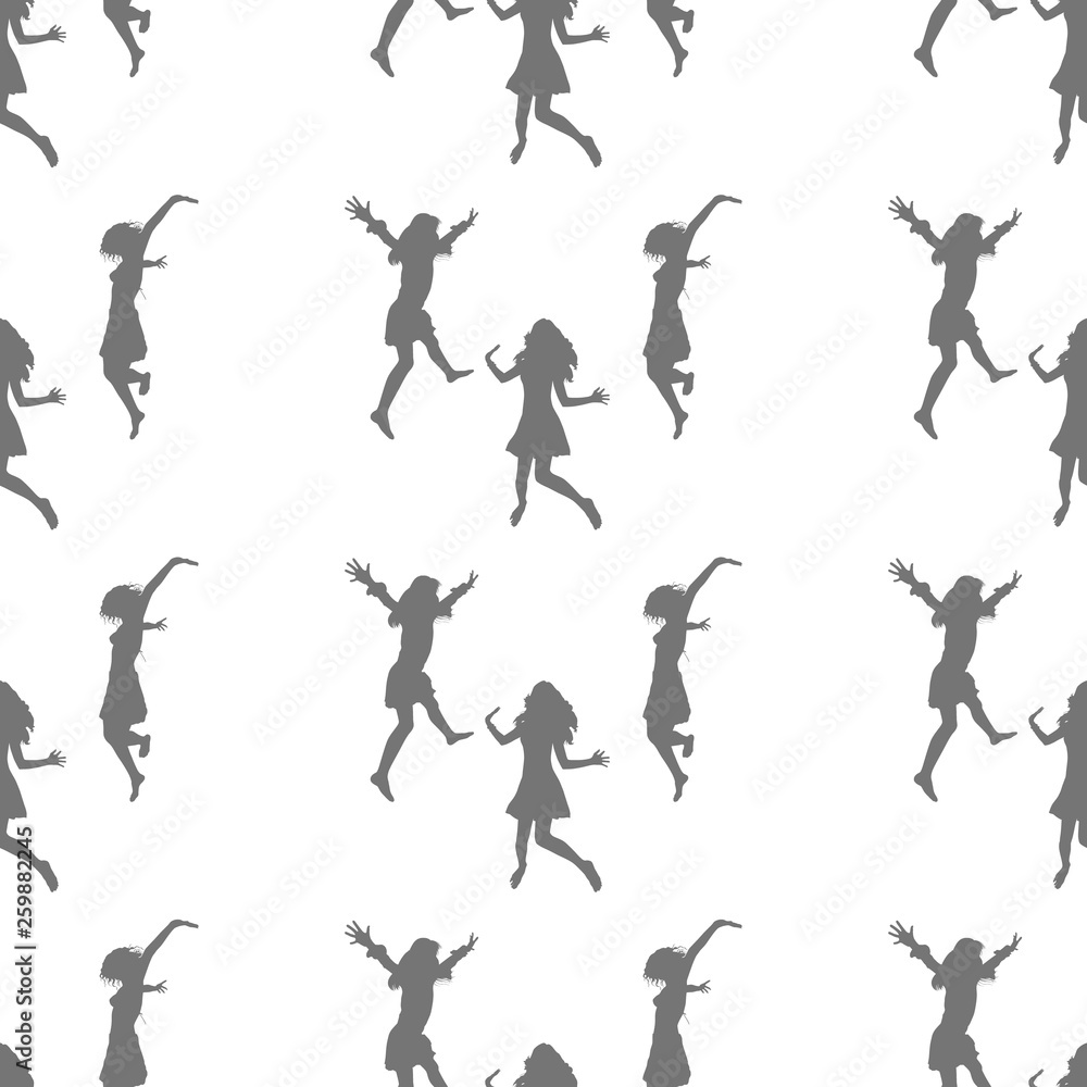 Three happy girls jumping for joy. Seamless Wallpaper pattern.  The ability to stretch to any size in all directions without loss of quality.  Vector illustration. 