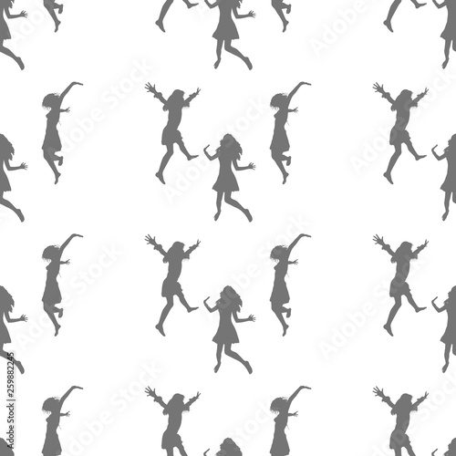 Three happy girls jumping for joy. Seamless Wallpaper pattern. The ability to stretch to any size in all directions without loss of quality. Vector illustration. 