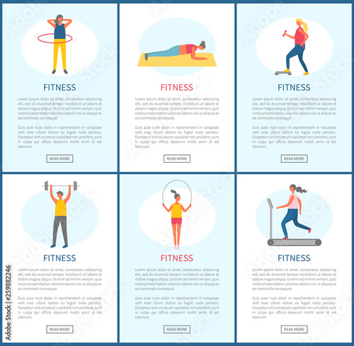 Fitness websites vector, people in gym losing weight and keeping fit. Man and woman using hoop, running machine and map, dumbbells and heavy barbell