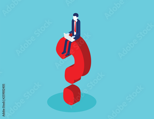 Isometric businessman working on the question mark sign. Concept business isometric vector illustration, Cartoon character, Problem.
