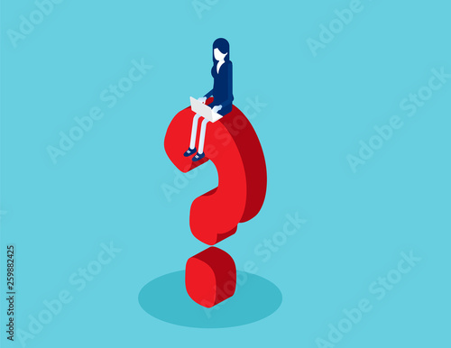 Isometric businesswoman working on the question mark sign. Concept business isometric vector illustration, Cartoon character, Problem.