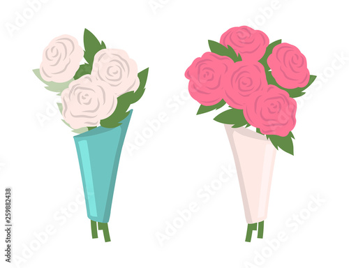 Flowers put in bouquet vector, set of isolated icons. Roses in blue and white wrappings, botanical decoration for holiday. Blossom and flourishing