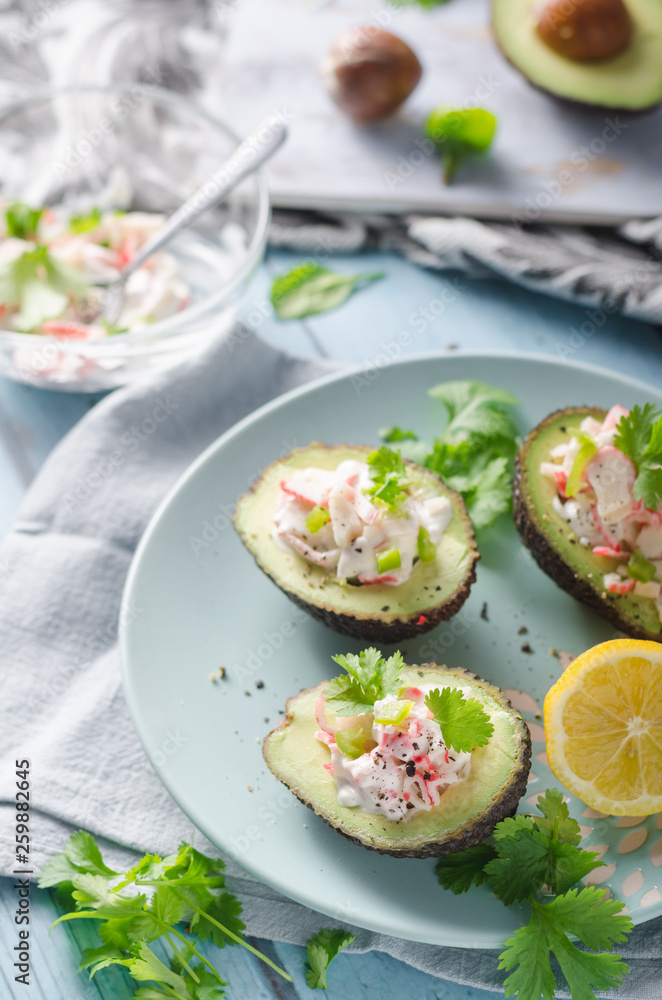 Delish filled avocado with crab meat Delish filled avocado with crab meat