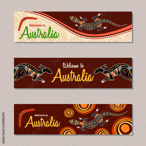 Horizontal banner templates in Australian aboriginal style.