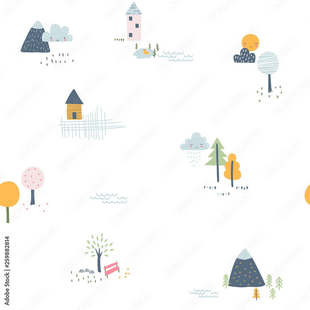 Childish seamless pattern with little houses, trees and mountains