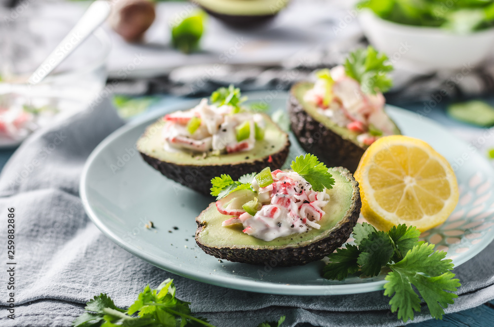 Delish filled avocado with crab meat Delish filled avocado with crab meat
