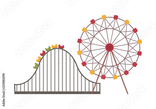 Ferris wheel and roller coaster on white  round attraction and road with rise  amusement park with colorful objects  leisure and entertainment vector