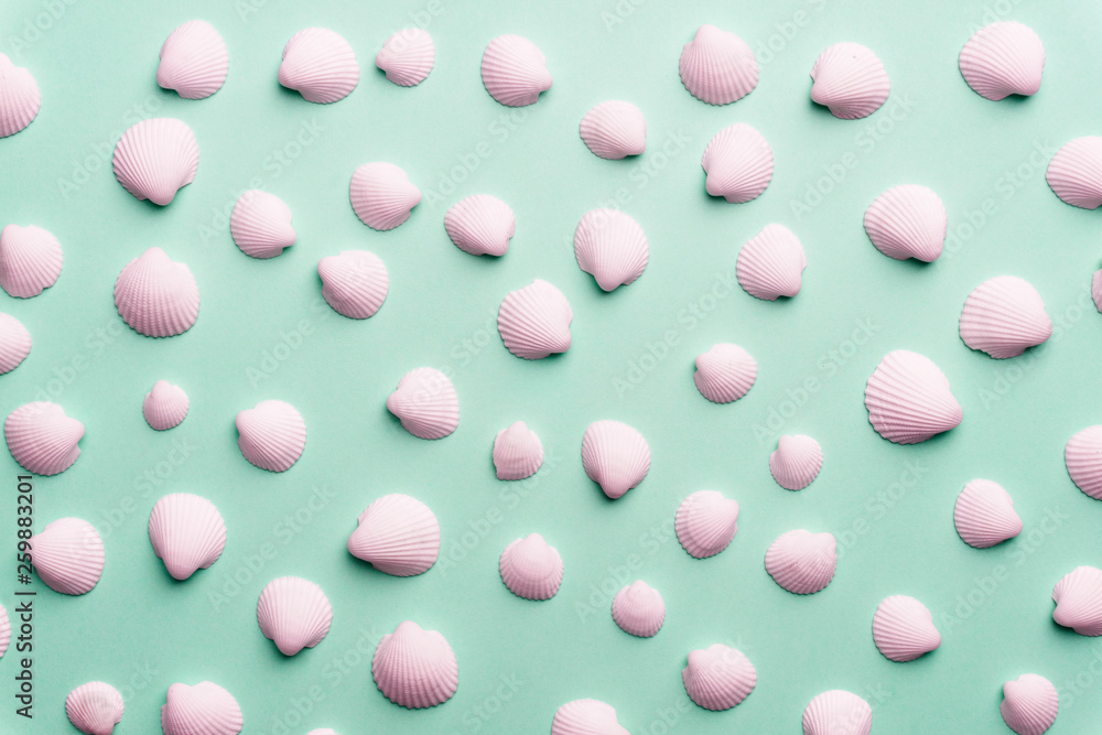 Summer composition with white seashells on the bright pastel green background Summer composition with white seashells on the bright pastel green background