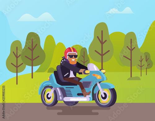 Motorcycle with biker vector, man wearing glasses and helmet riding bike. Nature with greenery of trees, road and bearded biker with smile on face