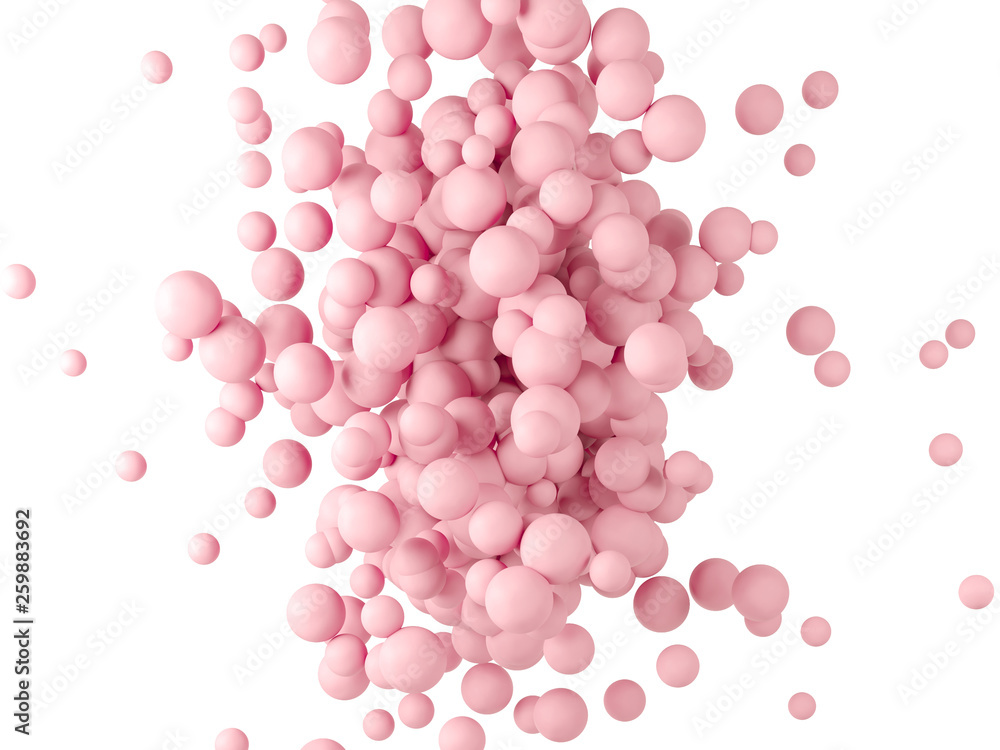 Abstract colorful balls. Pink Candies fly in zero gravity. Chaotic scatter confetti spheres. Festive party wallpaper. 3d render rouge creative background. Makeup powder cosmetics for face in ball form