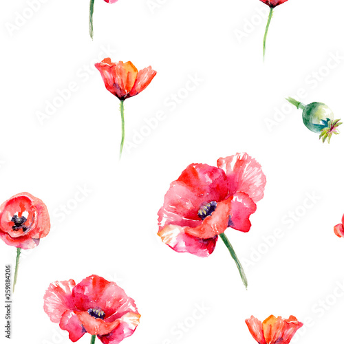 Watercolor hand drawn red poppies isolated seamless pattern.