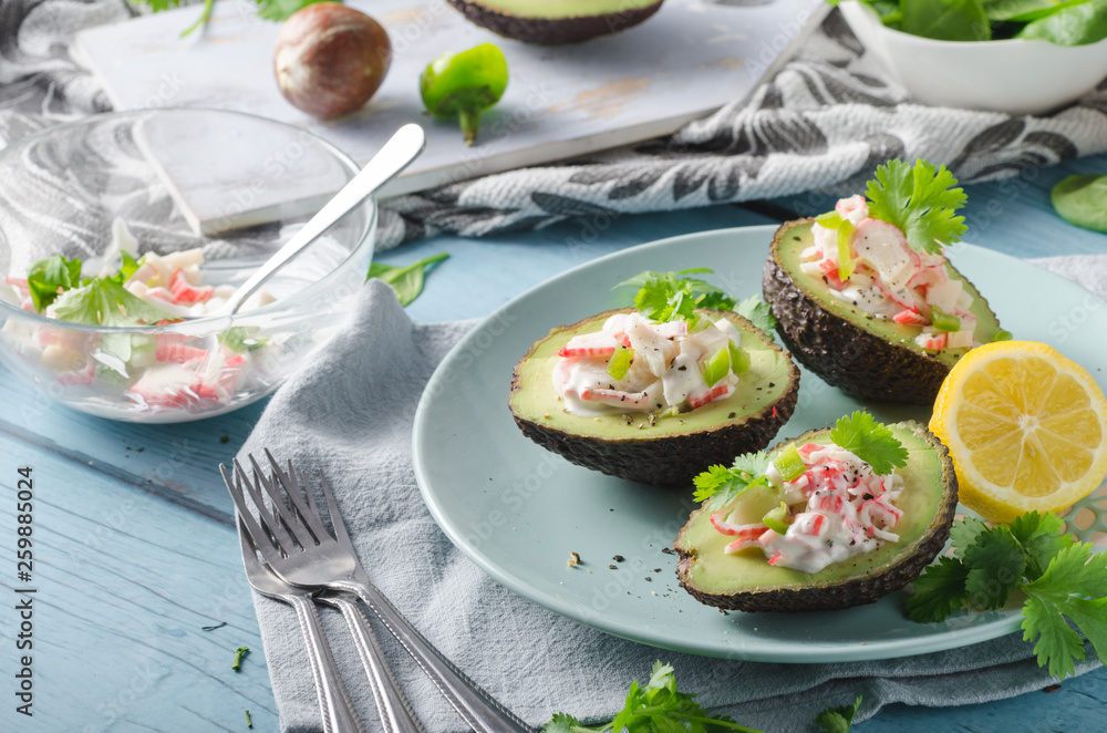 Delish filled avocado with crab meat Delish filled avocado with crab meat