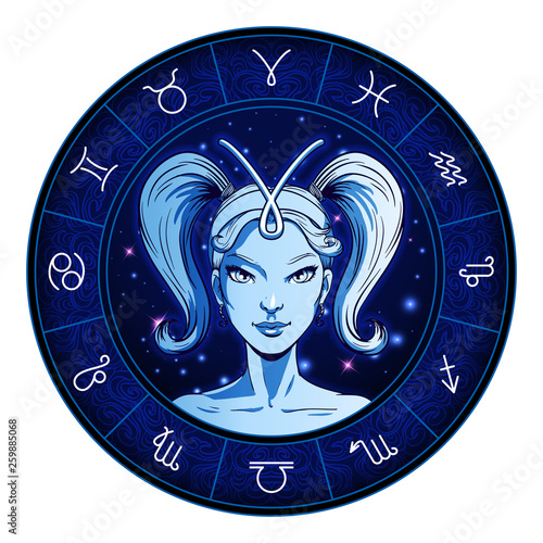 Aries zodiac sign artwork, beautiful girl face, horoscope symbol, star sign, vector illustration