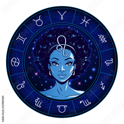 Leo zodiac sign artwork, beautiful girl face, horoscope symbol, star sign, vector illustration