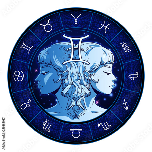 Gemini zodiac sign artwork, beautiful girl face, horoscope symbol, star sign, vector illustration