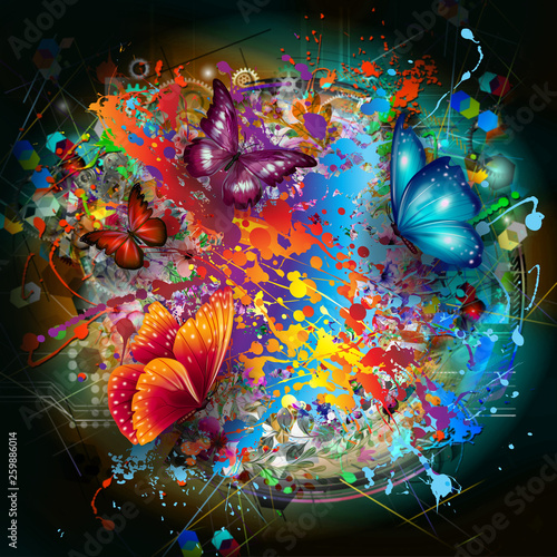 Canvas Print colorfull butterflies in abstract magic splashes background