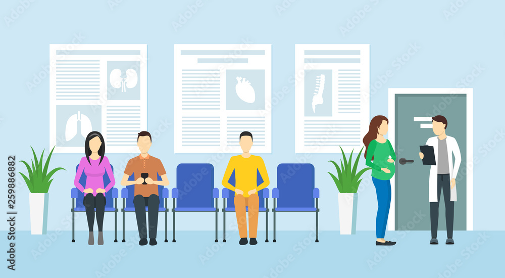 Cartoon Queue Hospital Inside Interior with People. Vector Cartoon Queue Hospital Inside Interior with People. Vector