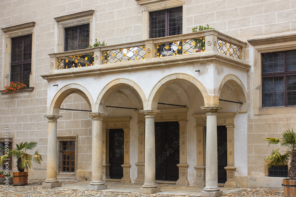 Architecture details. Czech republic. Europe architecture. Medieval architecture. Terrace.