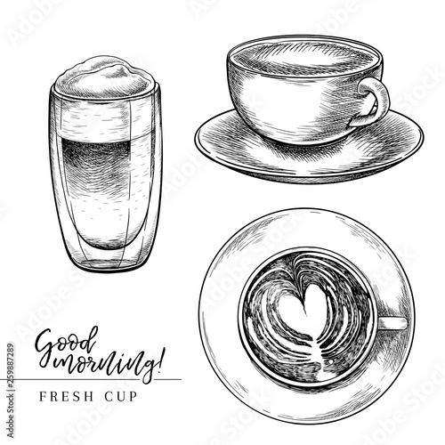 Coffee set. Hand drawn coffee cup. Mug of cappuccino, late anf a view from above. Vector engraved icon. Morning fresh drink. For restaurant and cafe menu, coffee shop flyer, banner design template.