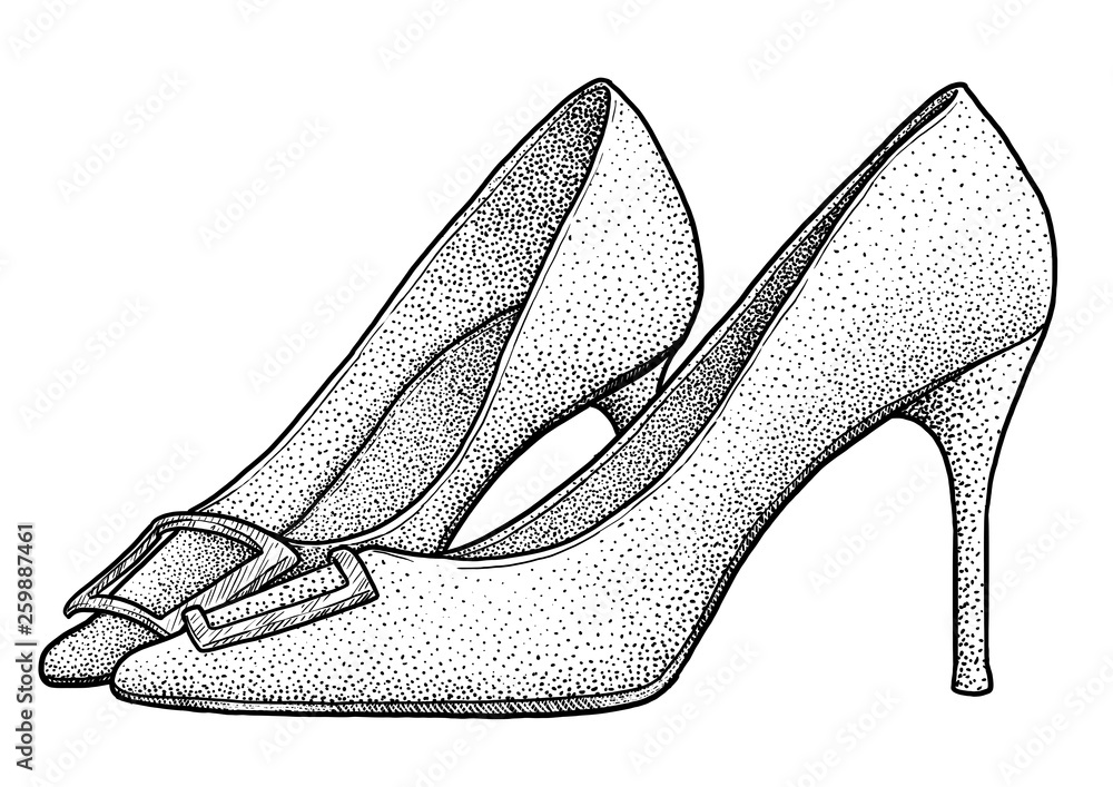 High heels shoes illustration, drawing, engraving, ink, line art