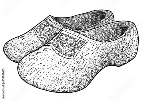 Dutch wooden clogs illustration, drawing, engraving, ink, line art, vector