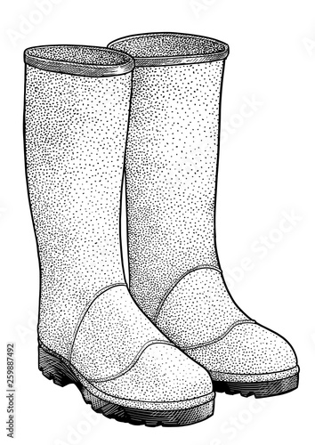 Rubebr boots, wellingtons illustration, drawing, engraving, ink, line art, vector