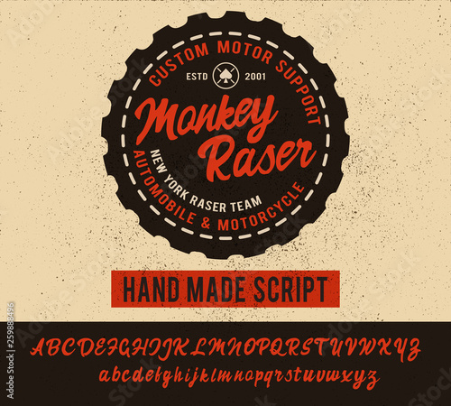 Monkey Raser. Cafe racer. Hipster style. Print for shirt. Vector. Hand made script font. Brush font.